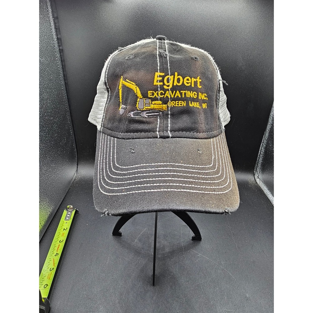 Sportsman Egbert Excavating Trucker Hat Black Tan Distressed Mesh Back Cap